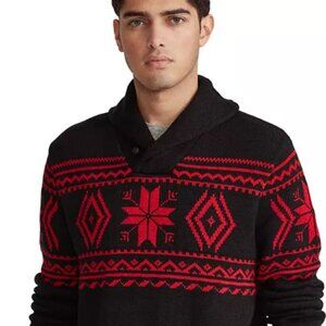 Polo Ralph Lauren Men's Black Red Snowflake Shawl Collar Knit Sweater XL NWOT
